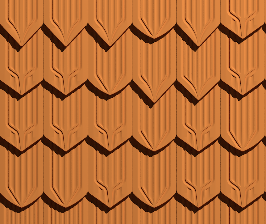 Orange Dachziegel mit dekorativem Muster, schuppenartig angeordnet